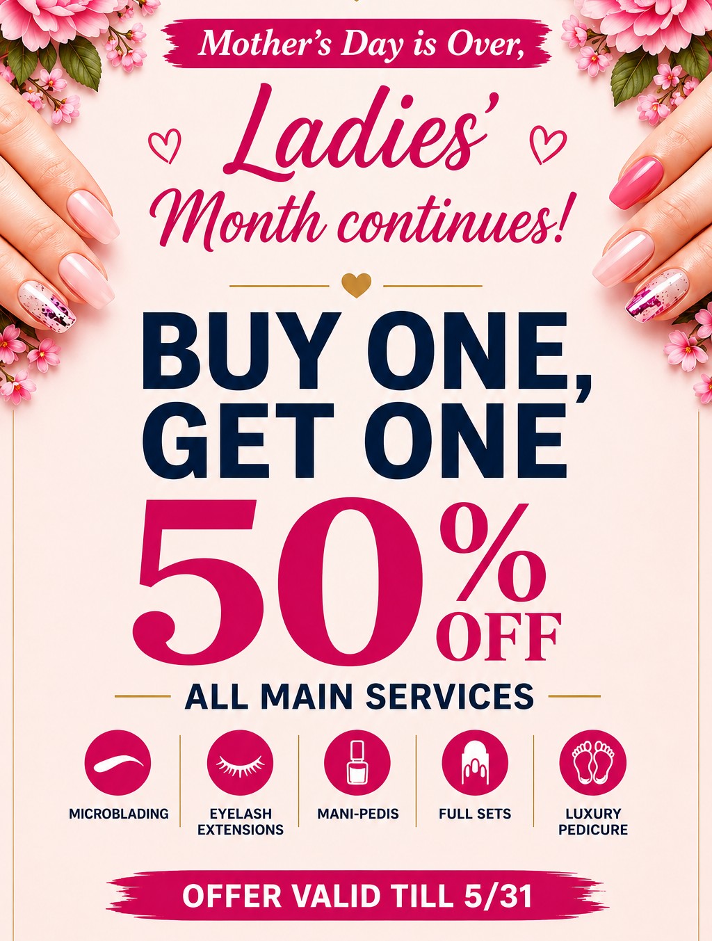 Buy one get one 50% off all main services at Exquisite Nails Sugar Land. Ladies Month promotion covering microblading, eyelash extensions, mani-pedis, full sets and luxury pedicures. Offer valid until May 31.
